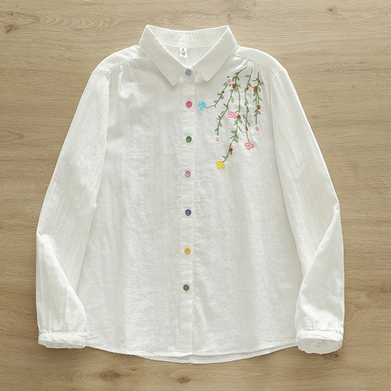 Embroidery Artist - Jesienna dwuwarstwowa bawełniana bluzka z długim