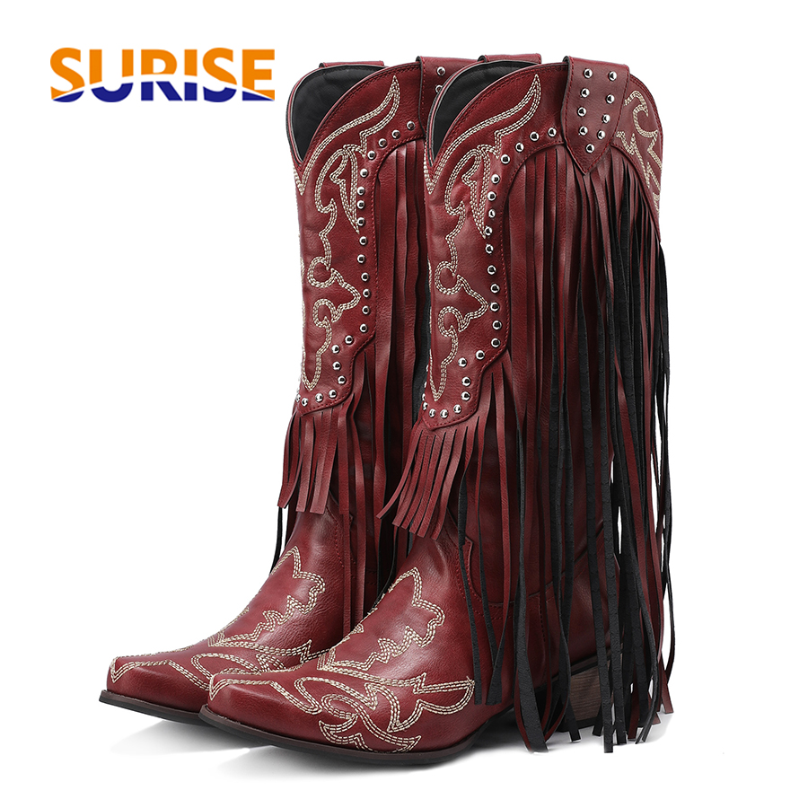 Embroidery Red - Zachodni kowbojski środkowy buty ze skórki